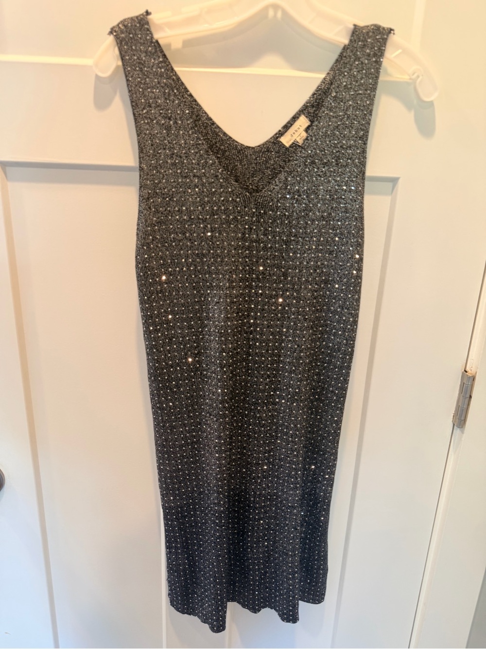 NWOT Debut Black Silver Rhinestone Metallic Knit Midi Dress Medium